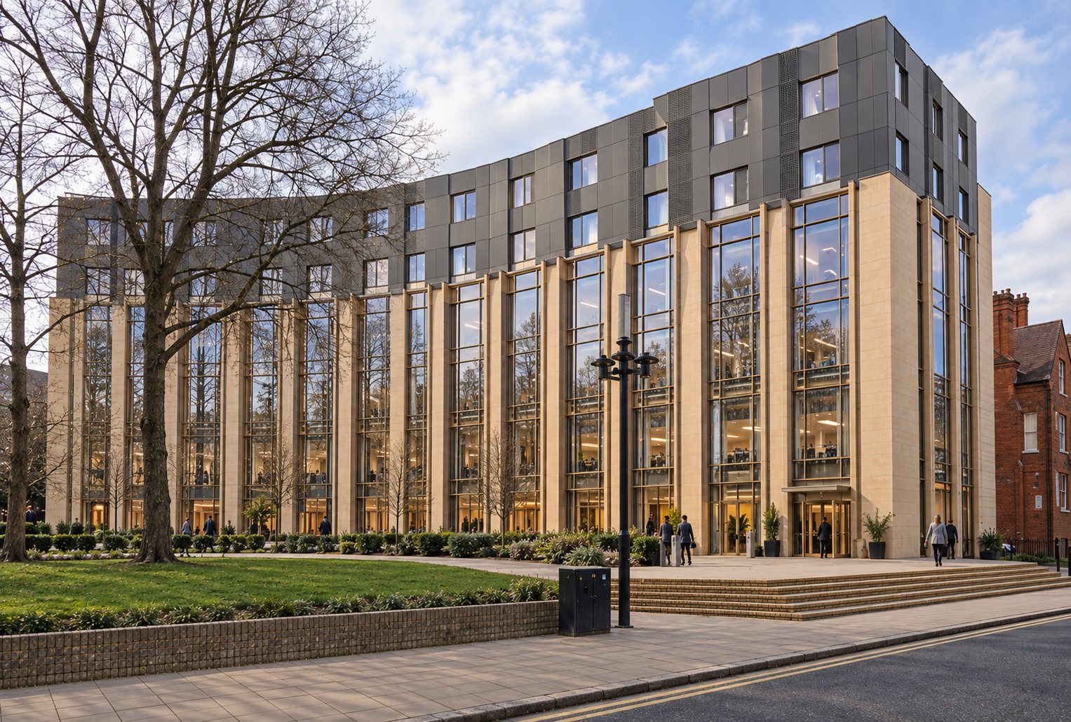 Visualisation of Monkstone House, a curved six-storey building with a stone frontage, tall glazing and grey upper floors, on City Road, Peterborough